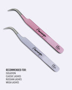 FLAMINGO lash tweezers in baby pink and shiny purple for isolation, classic, Russian and mega volume lash applications