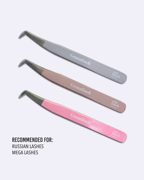 GREENFINCH boot lash tweezers in baby pink, cloudy grey and rose gold for Russian and mega volume lash applications