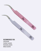 IBIS lash tweezers in baby pink and shiny purple for mega volume, isolation and classic lash applications