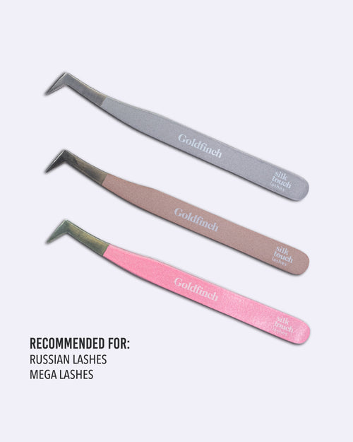 GOLDFINCH lash tweezers in baby pink, cloudy grey and rose gold for Russian and mega volume lash applications