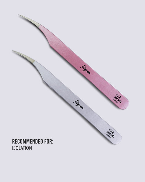 PIGEON lash tweezers in baby pink and shiny purple for precision isolation lash applications