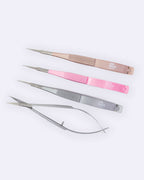 spring scissors for lash extensions in baby pink, cloudy grey and rose gold for precision trimming and isolation