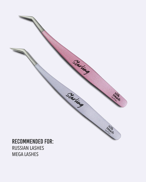 STARLING lash tweezers in baby pink and shiny purple for russian and mega volume lash applications