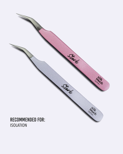 STORK lash tweezers in baby pink and shiny purple for isolation lash extensions