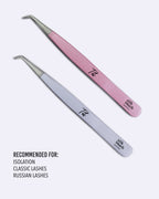 TIT lash tweezers in baby pink and shiny purple for isolation and classic lash applications