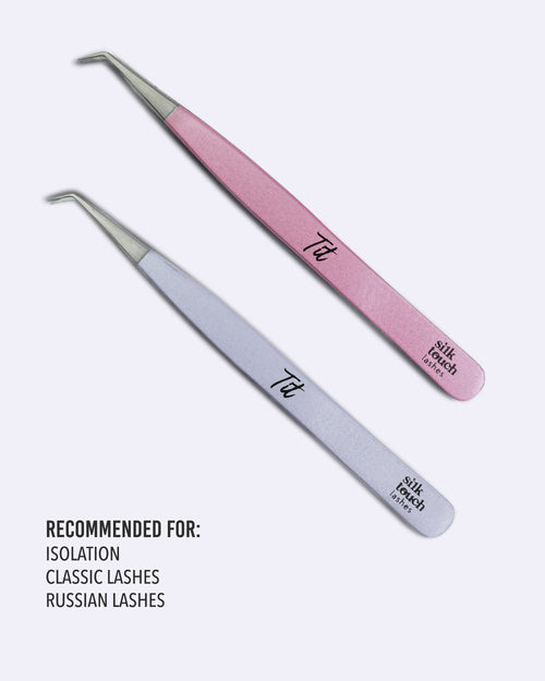 TIT lash tweezers in baby pink and shiny purple for isolation and classic lash applications
